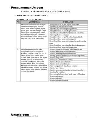 Kompetensi–Standar Isi–2014-2015 1
KISI-KISI UJIAN NASIONAL TAHUN PELAJARAN 2014-2015
A. KISI-KISI UJIAN NASIONAL SMP/MTs
1. BAHASA INDONESIA SMP/MTs
NO KOMPETENSI INDIKATOR
Mengidentifikasi isi dan bagian suatu teks.
Menentukan persamaan isi berita.
Menentukan perbedaan penyajian berita.
Mengidentifikasi isi teks biografi/iklan.
Menentukan kalimat fakta/opini dalam teks iklan.
Menyimpulkan isi paragraf.
Mengidentifikasi isi grafik, tabel, bagan, denah.
Mengidentifikasi unsur intrinsik puisi.
Mengidentifikasi unsur intrinsik cerita pendek/cerita
anak.
Mengidentifikasi perbedaan karakteristik dua novel.
1 Membaca dan memahami berbagai
teks nonsastra (biografi, artikel,
berita, iklan, tabel/diagram, bagan,
grafik, peta, denah), berbagai karya
sastra (puisi, antologi puisi, cerpen,
buku kumpulan cerpen, cerita anak,
buku cerita anak, novel remaja, novel
angkatan 20 – 30-an, dan drama).
Mengidentifikasi unsur intrinsik drama.
Menulis catatan pengalaman pada buku harian.
Menulis pesan singkat sesuai konteks.
Menulis laporan/pengumuman/resensi.
Melengkapi surat pribadi/surat dinas/surat pembaca.
Menulis rangkuman.
Menulis teks berita sesuai konteks.
Menulis slogan sesuai konteks.
Menulis iklan sesuai konteks.
Menyusun petunjuk melakukan sesuatu.
Menulis teks pidato.
Menulis rumusan masalah karya ilmiah/saran karya
ilmiah/daftar pustaka.
Menyunting kalimat, ejaan/tanda baca, pilihan kata.
Melengkapi pantun.
Melengkapi puisi.
2. Menulis dan menyunting teks
nonsastra dengan menggunakan
kosakata yang bervariasi dan efektif
dalam bentuk buku harian, surat
pribadi, surat dinas, narasi dan pesan
singkat, laporan, pengumuman,
petunjuk, rangkuman, teks berita,
slogan/ poster, iklan, resensi dan
karangan, surat pembaca, teks pidato,
dan karya ilmiah; menulis teks sastra
dalam bentuk puisi, pantun, dongeng,
cerpen, dan drama.
Melengkapi naskah drama.
PengumumanUn.com
Unsmp.com
 