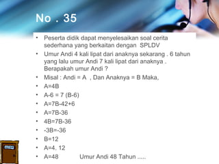 No . 35
•
•

•
•
•
•
•
•
•
•
•
•

Peserta didik dapat menyelesaikan soal cerita
sederhana yang berkaitan dengan SPLDV
Umur Andi 4 kali lipat dari anaknya sekarang . 6 tahun
yang lalu umur Andi 7 kali lipat dari anaknya .
Berapakah umur Andi ?
Misal : Andi = A , Dan Anaknya = B Maka,
A=4B
A-6 = 7 (B-6)
A=7B-42+6
A=7B-36
4B=7B-36
-3B=-36
B=12
A=4. 12
A=48
Umur Andi 48 Tahun .....

 