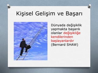Kişisel Gelişim ve Başarı
Dünyada değişiklik
yapmakta başarılı
olanlar değişikliğe
kendilerinden
başlayanlardır
(Bernard SHAW)
 