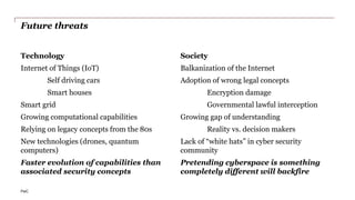 PwC
Future threats
Technology
Internet of Things (IoT)
Self driving cars
Smart houses
Smart grid
Growing computational capabilities
Relying on legacy concepts from the 80s
New technologies (drones, quantum
computers)
Faster evolution of capabilities than
associated security concepts
Social
Balkanization of the Internet
Adoption of wrong legal concepts
Encryption damage
Governmental lawful interception
Growing gap of understanding
Reality vs. decision makers
Lack of “white hats” in cyber security
community
Pretending cyberspace is something
completely different will backfire
 