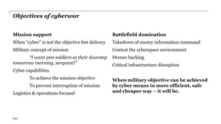 PwC
Objectives of cyberwar
Mission support
When “cyber” is not the objective but delivery
Military concept of mission
“I want 200 soldiers at their doorstep
tomorrow morning, sergeant!”
Cyber capabilities
To achieve the mission objective
To prevent interruption of mission
Logistics & operations focused
Battlefield domination
Takedown of enemy information command
Contest the cyberspace environment
Drones hacking
Critical infrastructure disruption
When military objective can be achieved
by cyber means in more efficient, safe
and cheaper way – it will be.
 