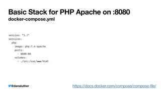 @danaluther
Basic Stack for PHP Apache on :8080
docker-compose.yml
https://docs.docker.com/compose/compose-
fi
le/
version: “3.7"


services:


php:


image: php:7.4-apache


ports:


- 8080
:
80


volumes:


- ./src:/var/
w
w
w
/html
 