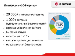 Платформа «1С-Битрикс»
•
•

•

•
•
•

•

20 000+ интернет-магазинов
1 000+ готовых
функциональных возможностей
система управления сайтом
быстрый запуск
интеграция с «1С»
высокая производительность
максимальная безопасность

56,32%
1С-Битрикс

 