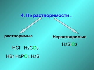 4. По растворимости .

растворимые

HCl H2CO3
HBr H3PO4 H2S

Нерастворимые

H2SiO3

 