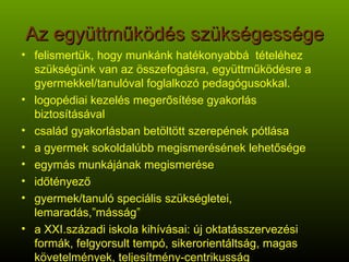 Az együttműködés szükségessége felismertük, hogy munkánk hatékonyabbá  tételéhez szükségünk van az összefogásra, együttműködésre a gyermekkel/tanulóval foglalkozó pedagógusokkal.  logopédiai kezelés megerősítése gyakorlás biztosításával család gyakorlásban betöltött szerepének pótlása a gyermek sokoldalúbb megismerésének lehetősége egymás munkájának megismerése időtényező gyermek/tanuló speciális szükségletei, lemaradás,”másság” a XXI.századi iskola kihívásai: új oktatásszervezési formák, felgyorsult tempó, sikerorientáltság, magas követelmények, teljesítmény-centrikusság 