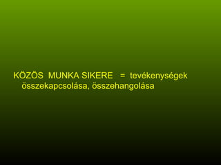 KÖZÖS  MUNKA SIKERE  =  tevékenységek összekapcsolása, összehangolása 