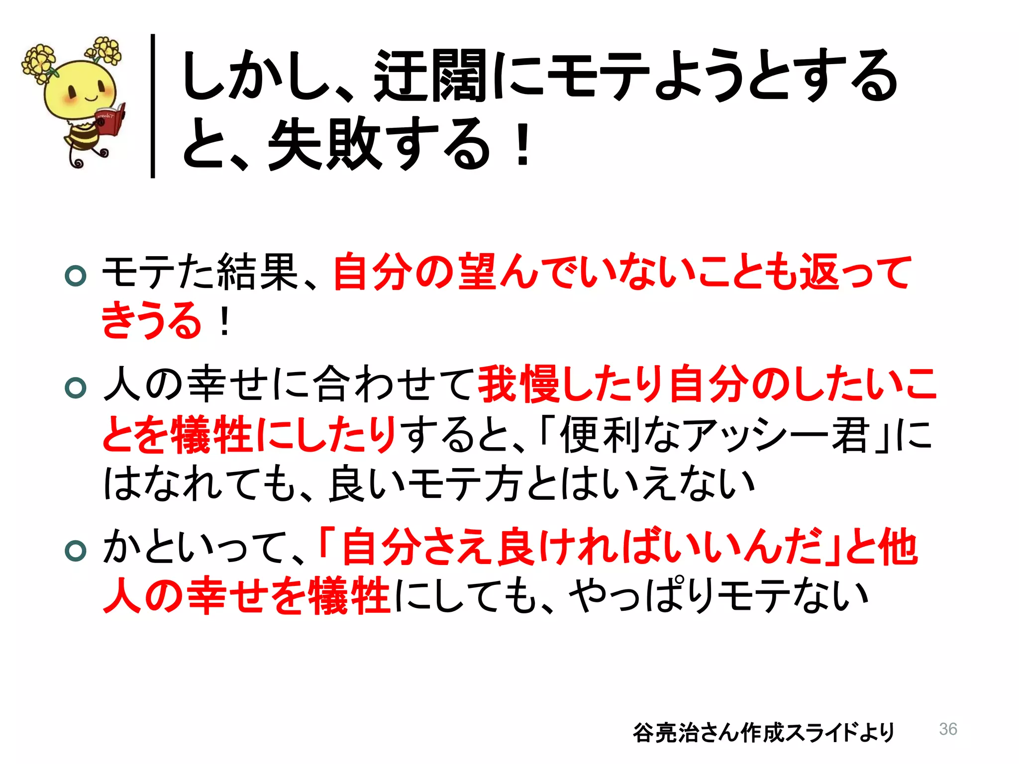 36
しかし、迂闊にモテようとする
と、失敗する！
 モテた結果、自分の望んでいないことも返って
きうる！
 人の幸せに合わせて我慢したり自分のしたいこ
とを犠牲にしたりすると、「便利なアッシー君」に
はなれても、良いモテ方とはいえない
 かといって、「自分さえ良ければいいんだ」と他
人の幸せを犠牲にしても、やっぱりモテない
谷亮治さん作成スライドより
 