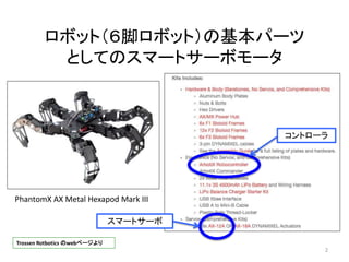 ロボット（６脚ロボット）の基本パーツ
としてのスマートサーボモータ
PhantomX AX Metal Hexapod Mark III
2
Trossen Rotbotics のwebページより
スマートサーボ
コントローラ
 