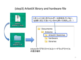 (step3) ArbotiX library and hardware file
21
Arbotixライブラリファイルとハードウェアファイル
の置き場所
この 1.6 にはこのフォルダーは含まれていない．
（必要に応じて古いリンクから持ってきましょう．）
 