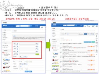 *  상세검색의 예시 키워드  :  원문의 키워드를 이용하여 원문을 검색합니다 .  년  도  :  검색하고자 하는 원문의 년도를 설정합니다 .  출력개수  :  원문검색 결과가 한 화면에 나타나는 개수를 정합니다 .   상세검색 ( 예제  :  제목 - 산업  연도 -2005 년 ~2006 년 )  기본검색보다 세부적으로 검색할 수 있음 . 