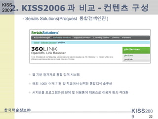 KISS200
9
- Serials Solutions(Proquest 통합검색엔진 )
한국학술정보㈜
22
○ 웹 기반 전자자료 통합 검색 시스템
○ 해외 1000 여개 기관 및 학교에서 선택한 통합검색 솔루션
○ 서지반출 프로그램과의 연계 및 이용통계 제공으로 이용자 편의 극대화
2. KISS2006 과 비교 - 컨텐츠 구성
KISS
2009
 