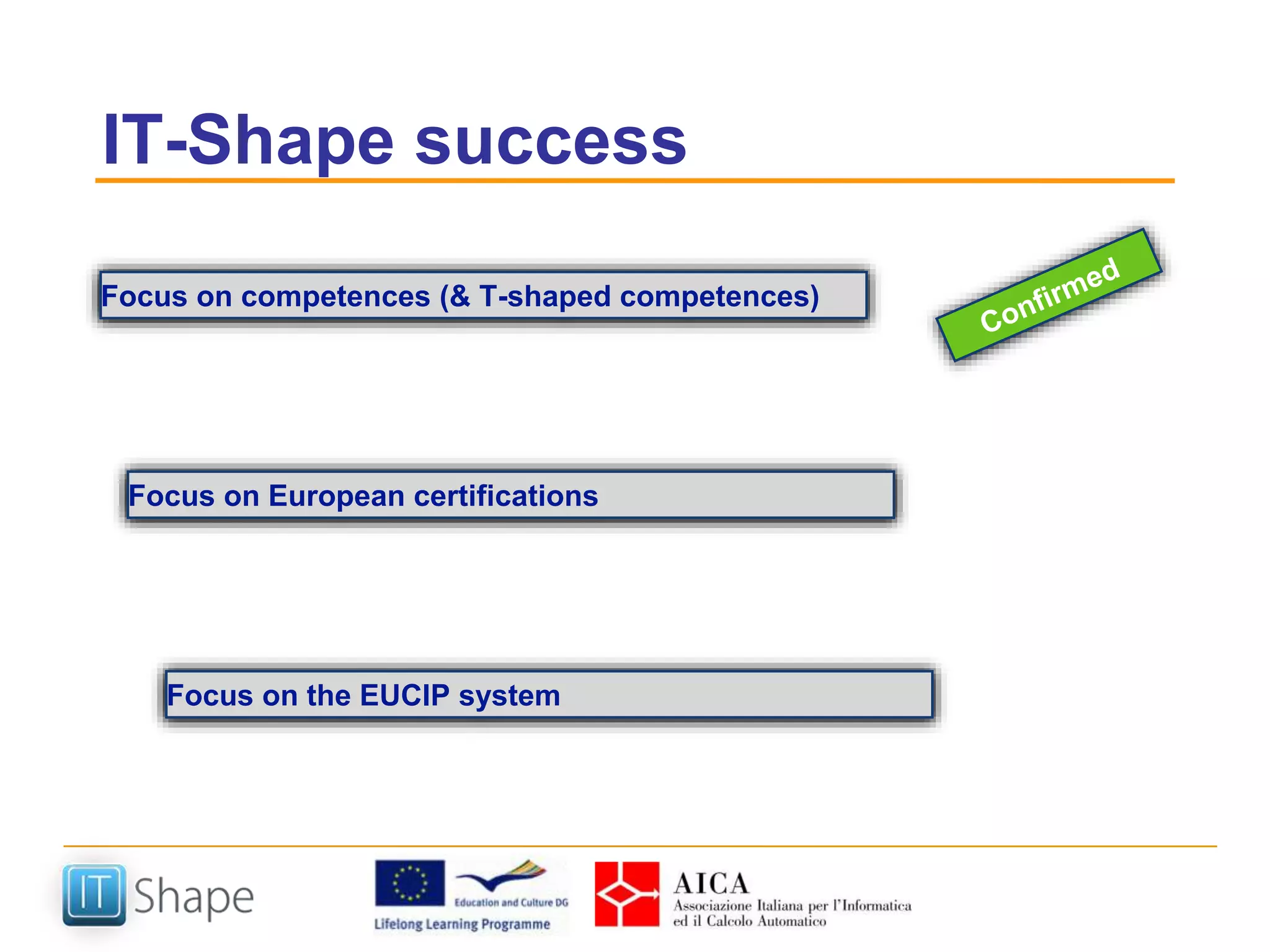 IT-Shape success
Focus on competences (& T-shaped competences)
Focus on European certifications
Focus on the EUCIP system
 
