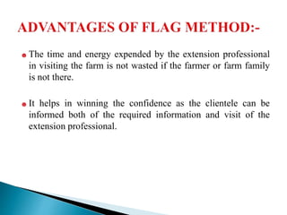 ☻ The time and energy expended by the extension professional
in visiting the farm is not wasted if the farmer or farm family
is not there.
☻ It helps in winning the confidence as the clientele can be
informed both of the required information and visit of the
extension professional.
 