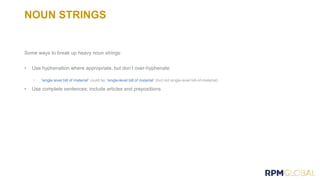 NOUN STRINGS
Some ways to break up heavy noun strings:
• Use hyphenation where appropriate, but don’t over-hyphenate
single level bill of material single-level bill of material
• Use complete sentences; include articles and prepositions
 