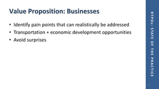 RTPOs:STATEOFTHEPRACTICE
Value Proposition: Businesses
• Identify pain points that can realistically be addressed
• Transportation + economic development opportunities
• Avoid surprises
18
 