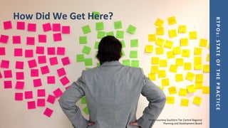 RTPOs:STATEOFTHEPRACTICE
• Image of person looking at sticky notes on a wall,
participating in a planning process
How Did We Get Here?
Photo courtesy Southern Tier Central Regional
Planning and Development Board
 