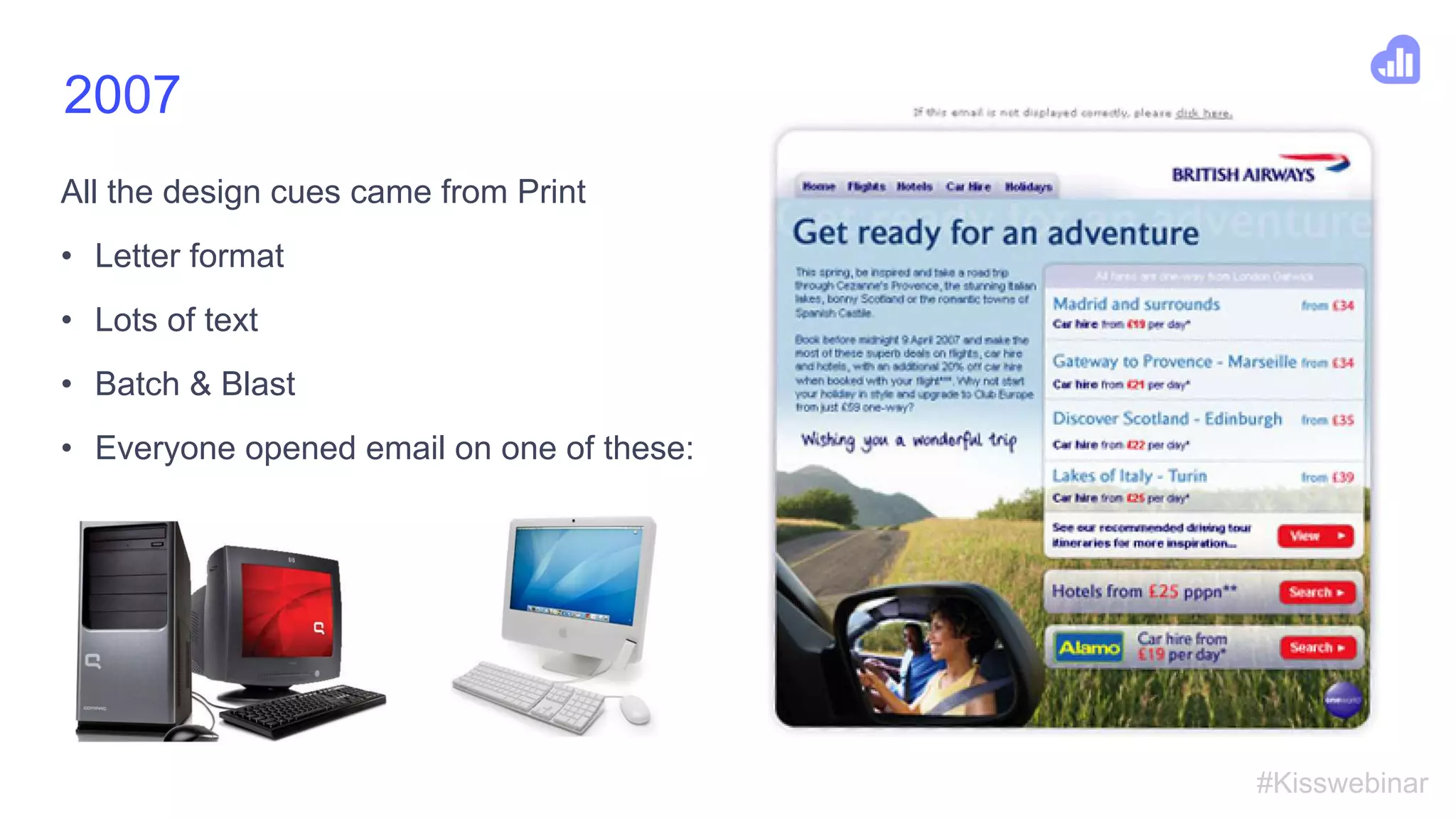 All the design cues came from Print
• Letter format
• Lots of text
• Batch & Blast
• Everyone opened email on one of these:
#Kisswebinar
2007
 