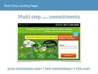 Multi Step Landing Pages
Multi step micro commitments
311% conversion rate+ | 74% conversions+ | 73% cost-
 