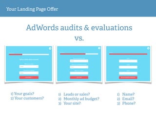 Your Landing Page Oﬀer
AdWords audits & evaluations
1) Your goals? 
2) Your customers?
1) Leads or sales?
2) Monthly ad budget?
3) Your site?
1) Name?
2) Email?
3) Phone?
vs.
 