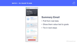 DAYS 5 – 10: VALUE TO AHA
#Kisswebinar
Summary Email
•  Pull from real data
•  Show them value tied to goals
•  Tie in nex...