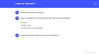 1 What is lifecycle marketing
Mindset
Strategic tools
Prioritizing tactics and strategies
2 How to tackle the customer lif...