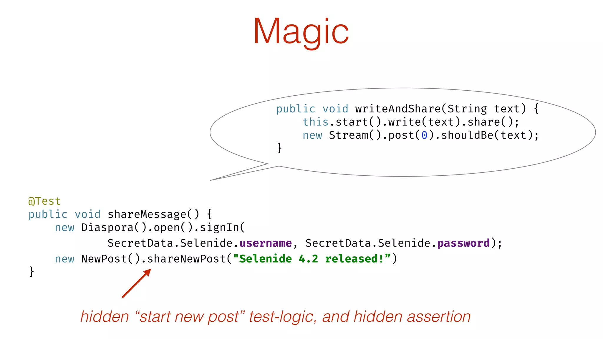 @Test 
public void shareMessage() { 
new Diaspora().open().signIn( 
SecretData.Selenide.username, SecretData.Selenide.password); 
new NewPost().shareNewPost("Selenide 4.2 released!”) 
}
hidden “start new post” test-logic, and hidden assertion
Magic
public void writeAndShare(String text) { 
this.start().write(text).share(); 
new Stream().post(0).shouldBe(text); 
}
 