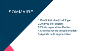 SOMMAIRE
1.Brief initial et méthodologie
2.Analyse de l’existant
3.Etude exploratoire itérative
4.Modélisation de la segmentation
5.Apports de la segmentation
 