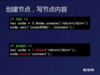 创建节点，写节点内容
/* YUI */
var node = Y.Node.create('<div></div>')
node.set('innerHTML','content');




/* KISSY */
var node = S.Node('<div></div>');
node.html('content');
 