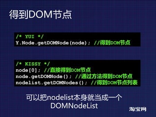 得到DOM节点

/* YUI */
Y.Node.getDOMNode(node); //得到DOM节点



/* KISSY */
node[0]; //直接得到DOM节点
node.getDOMNode(); //通过方法得到DOM节点
nodelist.getDOMNodes(); //得到DOM节点列表


   可以把nodelist本身就当成一个
       DOMNodeList
 