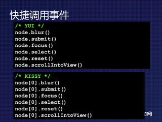 快捷调用事件
/* YUI */
node.blur()
node.submit()
node.focus()
node.select()
node.reset()
node.scrollIntoView()

/* KISSY */
node[0].blur()
node[0].submit()
node[0].focus()
node[0].select()
node[0].reset()
node[0].scrollIntoView()
 