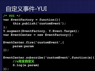 自定义事件-YUI
/* YUI */
var EventFactory = function(){
     this.publish('customEvent');
};
Y.augment(EventFactory, Y.Event.Target);
var EventCenter = new EventFactory();

EventCenter.fire('customEvent',{
     param:param
});

EventCenter.subscribe('customEvent',function(e){
     //e完全自定义
     S.log(e.param)
});
 