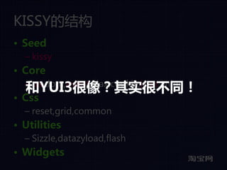 KISSY的结构
• Seed
  – kissy
• Core
  和YUI3很像？其实很不同！
  – ua,dom,event,ajax,cookie,json,anim
• Css
  – reset,grid,common
• Utilities
  – Sizzle,datazyload,flash
• Widgets
 