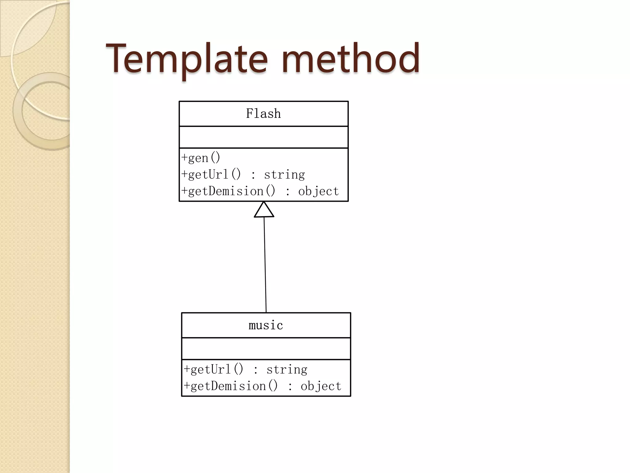 Template method
            Flash


   +gen()
   +getUrl() : string
   +getDemision() : object




            music


   +getUrl() : string
   +getDemision() : object
 