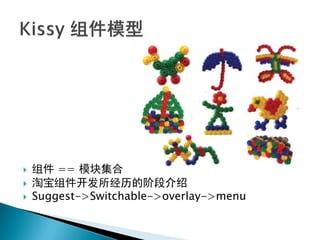    组件 == 模块集合
   淘宝组件开发所经历的阶段介绍
   Suggest->Switchable->overlay->menu
 