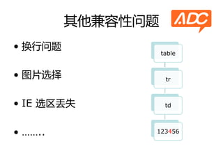 其他兼容性问题
• 换行问题
                   table


• 图片选择              tr



• IE 选区丢失           td



• ……..         123456
 