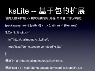 ksLite -- 基于包的扩展
包内无限可扩展 => 模块名由包名,路径,文件名.三部分构成.

{packagename} - [ {path_0} - ... - {path_n} - ] {filename}

S.Config.lt_pkgs={

    inf:"http://a.alimama.cn/kslite/",

    test:"http://demo.taobao.com/tbad/kslite/"

}

模块"inf-a“: http://a.alimama.cn/kslite/inf/a.js

模块"test-t-1“: http://demo.taobao.com/tbad/kslite/test/t/1.js
 