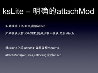 ksLite – 明确的attachMod
如果模块LOADED,直接attach.

如果模块没有LOADED,则异步载入模块.然后attach.



模块load之后,attach时如果发现requires.

attachMods(requires,callbcak).之后attach.
 