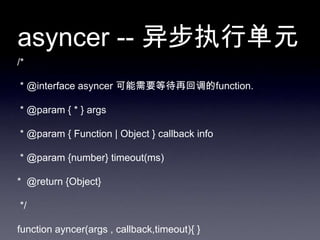 asyncer -- 异步执行单元
/*

* @interface asyncer 可能需要等待再回调的function.

* @param { * } args

* @param { Function | Object } callback info

* @param {number} timeout(ms)

* @return {Object}

*/

function ayncer(args , callback,timeout){ }
 