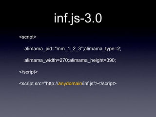 inf.js-3.0
<script>

  alimama_pid="mm_1_2_3";alimama_type=2;

  alimama_width=270;alimama_height=390;

</script>

<script src="http://anydomain/inf.js"></script>
 