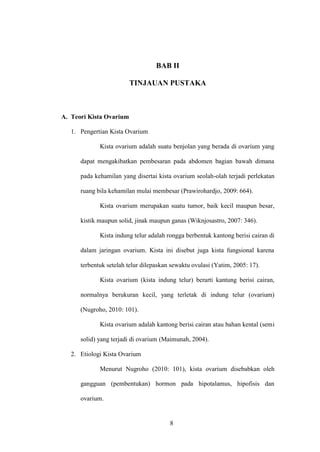 8
BAB II
TINJAUAN PUSTAKA
A. Teori Kista Ovarium
1. Pengertian Kista Ovarium
Kista ovarium adalah suatu benjolan yang berada di ovarium yang
dapat mengakibatkan pembesaran pada abdomen bagian bawah dimana
pada kehamilan yang disertai kista ovarium seolah-olah terjadi perlekatan
ruang bila kehamilan mulai membesar (Prawirohardjo, 2009: 664).
Kista ovarium merupakan suatu tumor, baik kecil maupun besar,
kistik maupun solid, jinak maupun ganas (Wiknjosastro, 2007: 346).
Kista indung telur adalah rongga berbentuk kantong berisi cairan di
dalam jaringan ovarium. Kista ini disebut juga kista fungsional karena
terbentuk setelah telur dilepaskan sewaktu ovulasi (Yatim, 2005: 17).
Kista ovarium (kista indung telur) berarti kantung berisi cairan,
normalnya berukuran kecil, yang terletak di indung telur (ovarium)
(Nugroho, 2010: 101).
Kista ovarium adalah kantong berisi cairan atau bahan kental (semi
solid) yang terjadi di ovarium (Maimunah, 2004).
2. Etiologi Kista Ovarium
Menurut Nugroho (2010: 101), kista ovarium disebabkan oleh
gangguan (pembentukan) hormon pada hipotalamus, hipofisis dan
ovarium.
8
 