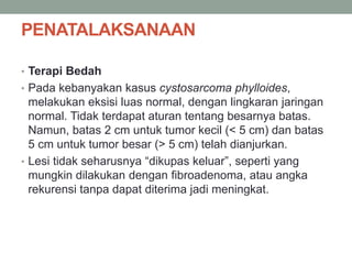 PENATALAKSANAAN
• Terapi Bedah
• Pada kebanyakan kasus cystosarcoma phylloides,
melakukan eksisi luas normal, dengan lingkaran jaringan
normal. Tidak terdapat aturan tentang besarnya batas.
Namun, batas 2 cm untuk tumor kecil (< 5 cm) dan batas
5 cm untuk tumor besar (> 5 cm) telah dianjurkan.
• Lesi tidak seharusnya “dikupas keluar”, seperti yang
mungkin dilakukan dengan fibroadenoma, atau angka
rekurensi tanpa dapat diterima jadi meningkat.
 