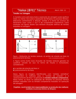 "Haikai (俳句)" Técnico Ano II – 010 - 11
Tensões na Usinagem
A maneira como será executada a operação de usinagem pode significar
maior, ou menor, risco para a operação de têmpera no processo térmico.
Selecionar corretamente a direção, sentido e a forma do avanço da
ferramenta para cortar o aço é de fundamental importância como
mostrado nas figuras abaixo que retratam situações distintas de tensões
induzidas na usinagem.
a b
Figura – Distribuição de tensões residuais. a) sentido de rotação da fresa; b)
posicionamento da fresa. Fonte: Universidade de Lisboa,PO
A Figura acima ilustra duas situações de tensões residuais geradas na
superfície usinada do aço na forma de Tração e Compressão,
considerando:
a) o sentido de rotação da fresa; e
b) posicionamento da fresa.
Nessa Figura, as imagens identificadas com “estrelas vermelhas”
correspondem às melhores para o “sentido de rotação” e o
“posicionamento de fresa” na geração de tensões residuais compressivas.
Dessa forma, os riscos na operação de têmpera no processo térmico
estariam reduzidos com as tensões compressivas induzidas na operação
de usinagem
Projetista, você também tem responsabilidade na produção dos melhores
resultados no processo térmico de têmpera.
 