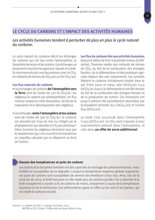 Le système climatique, qu’est-ce que c’est ?
Le cycle du carbone et l’impact des activités humaines
Les activités humaines tendent à perturber de plus en plus le cycle naturel
du carbone.
Le cycle naturel du carbone décrit les échanges
de carbone qui ont lieu entre l’atmosphère, la
biosphère terrestre et les océans. Ces échanges se
produisent sous formes gazeuse, liquide et solide.
Ils sont mesurés par une équivalence avec le CO2,
en milliards de tonnes de CO2 par an (Gt CO2/an).
Les flux naturels du carbone
• Les échanges de carbone de l’atmosphère vers
la Terre sont de l’ordre de 220 Gt CO2/an : les
végétaux le captent par photosynthèse. Un flux
inverse compense cette absorption, du fait de la
respiration et la décomposition des végétaux.
• Leséchanges entre l’atmosphère et les océans
sont de l’ordre de 330 Gt CO2/an : le carbone
est absorbé par l’eau de mer ou intégré par le
phytoplancton qui absorbe le CO2 par photosyn-
thèse (comme les végétaux terrestres) puis par
le zooplancton (qui s’en nourrit) et le transforme
en coquilles calcaires qui se déposent au fond
de l’océan.
Les flux du carbone liés aux activités humaines
Depuis le début de l’ère industrielle (milieu du XIXe
siècle), l’homme rejette des milliards de tonnes
de CO2, du fait de la combustion des énergies
fossiles, de la déforestation et des pratiques agri-
coles (labour des sols notamment). Ces activités
libèrent le carbone initialement stocké dans le
sol. Entre 2000 et 2009, 28,6 GtCO2/an (+5,5
GtCO2/an dues à la déforestation) ont été émises
du fait de la combustion des énergies fossiles et
de la production de ciment. Ces émissions ont
jusqu’à présent été partiellement absorbées par
la biosphère terrestre (6,2 GtCO2/an) et l’océan
(8,4 GtCO2/an).
Le reste s’est accumulé dans l’atmosphère
(+19,5 GtCO2/an). Ce CO2 vient s’ajouter à celui
naturellement présent dans l’atmosphère, et
crée alors un effet de serre additionnel.
Hausse des températures et puits de carbone
Les océans et la biosphère terrestre ont des capacités de stockage de carbone immenses, mais
limitées et susceptibles de se dégrader. Lorsque la température moyenne globale augmente,
ces puits de carbone sont susceptibles de devenir des émetteurs à leur tour. Ainsi, lors de la
canicule de 2003, la forêt française a-t-elle rejeté plus de carbone qu’elle n’en a absorbé et la
forêt européenne a stocké 30% de carbone de moins, simplement à cause de la température
excessive et de la sécheresse (ces phénomènes ayant un effet sur les sols et les plantes, qui
ont rejeté le carbone stocké).
Sources : 5e
rapport du GIEC, 1er
groupe de travail, 2013.
MEDDE et CDC Climat : Chiffres clés du climat, édition 2014.
11
 
