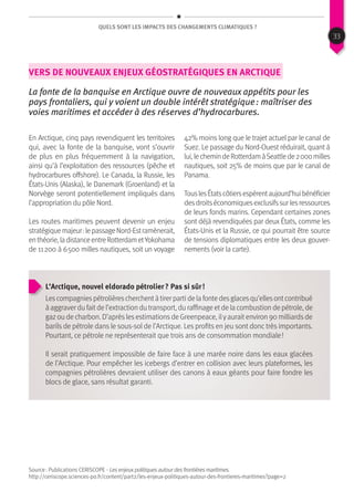 QUels sont les impacts des changements climatiques ?
Vers de nouveaux enjeux géostratégiques en Arctique
La fonte de la banquise en Arctique ouvre de nouveaux appétits pour les
pays frontaliers, qui y voient un double intérêt stratégique : maîtriser des
voies maritimes et accéder à des réserves d’hydrocarbures.
En Arctique, cinq pays revendiquent les territoires
qui, avec la fonte de la banquise, vont s’ouvrir
de plus en plus fréquemment à la navigation,
ainsi qu’à l’exploitation des ressources (pêche et
hydrocarbures offshore). Le Canada, la Russie, les
États-Unis (Alaska), le Danemark (Groenland) et la
Norvège seront potentiellement impliqués dans
l’appropriation du pôle Nord.
Les routes maritimes peuvent devenir un enjeu
stratégiquemajeur :lepassageNord-Estramènerait,
enthéorie,ladistanceentreRotterdametYokohama
de 11 200 à 6 500 milles nautiques, soit un voyage
42% moins long que le trajet actuel par le canal de
Suez. Le passage du Nord-Ouest réduirait, quant à
lui,lechemindeRotterdamàSeattlede2 000milles
nautiques, soit 25% de moins que par le canal de
Panama.
TouslesÉtatscôtiersespèrentaujourd’huibénéficier
desdroitséconomiquesexclusifssurlesressources
de leurs fonds marins. Cependant certaines zones
sont déjà revendiquées par deux États, comme les
États-Unis et la Russie, ce qui pourrait être source
de tensions diplomatiques entre les deux gouver-
nements (voir la carte).
L’Arctique, nouvel eldorado pétrolier ? Pas si sûr !
Lescompagniespétrolièrescherchentà tirer parti de la fonte desglacesqu’ellesontcontribué
à aggraver du faitde l’extraction du transport, du raffinage etde la combustion de pétrole, de
gaz ou de charbon. D’après les estimations de Greenpeace, ily aurait environ 90 milliards de
barils de pétrole dans le sous-sol de l’Arctique. Les profits en jeu sont donc très importants.
Pourtant, ce pétrole ne représenterait que trois ans de consommation mondiale !
Il serait pratiquement impossible de faire face à une marée noire dans les eaux glacées
de l’Arctique. Pour empêcher les icebergs d’entrer en collision avec leurs plateformes, les
compagnies pétrolières devraient utiliser des canons à eaux géants pour faire fondre les
blocs de glace, sans résultat garanti.
Source : Publications CERISCOPE - Les enjeux politiques autour des frontières maritimes.
http://ceriscope.sciences-po.fr/content/part2/les-enjeux-politiques-autour-des-frontieres-maritimes?page=2
33
 