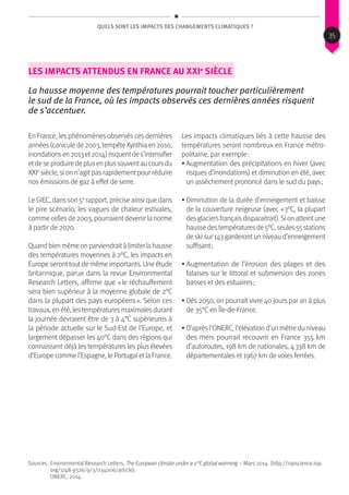 QUels sont les impacts des changements climatiques ?
Les impacts attendus en France au XXIe
siècle
La hausse moyenne des températures pourrait toucher particulièrement
le sud de la France, où les impacts observés ces dernières années risquent
de s’accentuer.
En France, les phénomènes observés ces dernières
années(caniculede2003,tempêteXynthiaen2010,
inondationsen2013et2014)risquentdes’intensifier
etdeseproduiredeplusenplussouventaucoursdu
XXIe
siècle,sionn’agitpasrapidementpourréduire
nos émissions de gaz à effet de serre.
LeGIEC,dansson5e
rapport,préciseainsiquedans
le pire scénario, les vagues de chaleur estivales,
commecellesde2003,pourraientdevenirlanorme
à partir de 2070.
Quandbienmêmeonparviendraitàlimiterlahausse
des températures moyennes à 2°C, les impacts en
Europeseronttoutdemêmeimportants.Uneétude
britannique, parue dans la revue Environmental
Research Letters, affirme que « le réchauffement
sera bien supérieur à la moyenne globale de 2°C
dans la plupart des pays européens ». Selon ces
travaux,enété,lestempératuresmaximalesdurant
la journée devraient être de 3 à 4°C supérieures à
la période actuelle sur le Sud-Est de l’Europe, et
largement dépasser les 40°C dans des régions qui
connaissent déjà les températures les plus élevées
d’Europecommel’Espagne,lePortugaletlaFrance.
Les impacts climatiques liés à cette hausse des
températures seront nombreux en France métro-
politaine, par exemple :
• Augmentation des précipitations en hiver (avec
risques d’inondations) et diminution en été, avec
un assèchement prononcé dans le sud du pays ;
• Diminution de la durée d’enneigement et baisse
de la couverture neigeuse (avec +3°C, la plupart
desglaciersfrançaisdisparaitrait).Sionatteintune
haussedestempératuresde5°C,seules55stations
deskisur143garderontunniveaud’enneigement
suffisant ;
• Augmentation de l’érosion des plages et des
falaises sur le littoral et submersion des zones
basses et des estuaires ;
• Dès 2050, on pourrait vivre 40 jours par an à plus
de 35°C en Île-de-France.
• D’aprèsl’ONERC,l’élévationd’unmètreduniveau
des mers pourrait recouvrir en France 355 km
d’autoroutes, 198 km de nationales, 4 338 km de
départementales et 1967 km de voies ferrées.
Sources : Environmental Research Letters, The European climate under a 2 °C global warming – Mars 2014. (http://iopscience.iop.
org/1748-9326/9/3/034006/article).
ONERC, 2014.
35
 