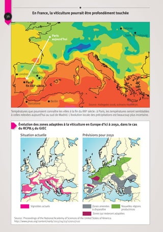 Zones amenées
à disparaître
36
En France, la viticulture pourrait être profondément touchée
Source : Proceedings of the National Academy of Sciences of the United States of America.
http://www.pnas.org/content/early/2013/04/03/1210127110
Vignobles actuels
Zones qui resteront adaptées
Nouvelles régions
productrices
Situation actuelle Prévisions pour 2050
Paris
aujourd’hui
Paris
fin XXIe
siècle
Londres
Barcelone
Berlin
Helsinki
Rome
Saint-Pétersbourg
Stockholm
Oslo
Températures que pourraient connaître les villes à la fin du XXIe
siècle : à Paris, les températures seront semblables
à celles relevées aujourd’hui au sud de Madrid. L’évolution locale des précipitations est beaucoup plus incertaine.
Source : Hallegatte 2008, scénario HadRM3H.
Évolution des zones adaptées à la viticulture en Europe d’ici à 2050, dans le cas
du RCP8.5 du GIEC
 