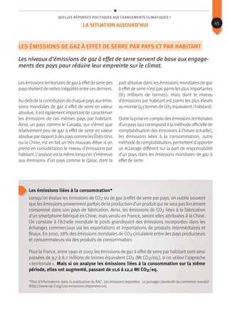 Quelles réponses politiques aux changements climatiques ?
Les émissions de gaz à effet de serre par pays et par habitant
Les niveaux d’émissions de gaz à effet de serre servent de base aux engage-
ments des pays pour réduire leur empreinte sur le climat.
Lesémissionsterritorialesdegazàeffetdeserredes
paysrévèlentdenettesinégalitésentrecesderniers.
Au-delàdelacontributiondechaquepaysauxémis-
sions mondiales de gaz à effet de serre en valeur
absolue, il est également important de caractériser
les émissions de ces mêmes pays par habitant.
Ainsi, un pays comme le Canada, qui n’émet que
relativement peu de gaz à effet de serre en valeur
absolueparrapportàdespayscommelesÉtats-Unis
ou la Chine, est en fait un très mauvais élève si on
prend en considération le niveau d’émissions par
habitant.L’analyseestlamêmelorsqu’ons’intéresse
aux émissions d’un pays comme le Qatar, dont la
part absolue dans les émissions mondiales de gaz
àeffetdeserren’estpasparmilesplusimportantes
(83 millions de tonnes), mais dont le niveau
d’émissions par habitant est parmi les plus élevés
aumonde(43tonnesdeCO2équivalent / habitant).
Outrelapriseencomptedesémissionsterritoriales
d’unpays(quicorrespondàlaméthodeofficiellede
comptabilisation des émissions à l’heure actuelle),
les émissions liées à la consommation, autre
méthodedecomptabilisation,permettentd’apporter
un éclairage différent sur la part de responsabilité
d’un pays dans les émissions mondiales de gaz à
effet de serre.
Les émissions liées à la consommation*
Lorsqu’on évalue les émissions de CO2 ou de gaz à effet de serre par pays, on oublie souvent
que les émissions proviennent parfois de la production d’un produit qui ne sera pas forcément
consommé dans son pays de fabrication. Ainsi, les émissions de CO2 liées à la fabrication
d’un smartphone fabriqué en Chine, mais vendu en France, seront-elles attribuées à la Chine.
On constate à l’échelle mondiale le poids grandissant des émissions incorporées dans les
échanges commerciaux via les exportations et importations de produits intermédiaires et
finaux. En 2010, 28% des émissions mondiales de CO2 circulaient entre des pays producteurs
et consommateurs via des produits de consommation.
Pour la France, entre 1990 et 2007, les émissions de gaz à effet de serre par habitant sont ainsi
passées de 9,7 à 8,2 millions de tonnes équivalent CO2 (Mt CO2/eq.), si on utilise l’approche
« territoriale ». Mais si on analyse les émissions liées à la consommation sur la même
période, elles ont augmenté, passant de 11,6 à 12,2 Mt CO2/eq.
*Plus d’informations dans la publication du RAC : Les émissions importées - Le passager clandestin du commerce mondial
(http://www.rac-f.org/Les-emissions-importees-Le).
La situation aujourd’hui 45
 