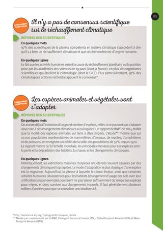 Réponse des scientifiques
En quelques mots
97% des scientifiques de la planète compétents en matière climatique s’accordent à dire
qu’il y a bien un réchauffement climatique et que ce phénomène est d’origine humaine.
En quelques lignes
Lefaitquelesactivitéshumainessoientlacauseduréchauffementplanétaireestlaposition
prise par les académies des sciences de 19 pays (dont la France), en plus des organismes
scientifiques qui étudient la climatologie (dont le GIEC). Plus particulièrement, 97% des
climatologues actifs en recherche appuient le consensus*.
Réponse des scientifiques
En quelques mots
Onassistedéjààl’extinctiond’ungrandnombred’espèces,celles-cinepouvantpass’adapter
assezviteàdeschangementsclimatiquesaussirapides.UnrapportdeWWFde2014établit
que la moitié des espèces animales sur terre a déjà disparu. L’étude** montre que sur
10 000 populations représentatives de mammifères, d’oiseaux, de reptiles, d’amphibiens
et de poissons, on enregistre un déclin de la taille des populations de 52% depuis 1970.
Le rapport montre qu’à l’échelle mondiale, les principales menaces pour ces espèces sont :
la perte et la dégradation des habitats, la chasse, et les changements climatiques.
En quelques lignes
Historiquement, les extinctions massives d’espèces ont été très souvent causées par des
changementsclimatiquestroprapides.Lemoded’adaptationleplusclassiqued’uneespèce
est la migration. Aujourd’hui, la vitesse à laquelle le climat évolue, ainsi que certaines
activités humaines dévastatrices pour les habitats (changement d’usage des sols avec leur
artificialisation par exemple) pourraient ne pas laisser suffisamment de temps auxespèces
pour migrer, et donc survivre aux changements imposés. Il faut généralement plusieurs
milliers d’années pour que se consolide une biodiversité.
Il n’y a pas de consensus scientifique
sur le réchauffement climatique
Les espèces animales et végétales vont
s’adapter
*http://iopscience.iop.org/1748-9326/8/2/024024/article
** Menée par conjointement par le WWF, Zoological Society of London (ZSL), Global Footprint Network (GFN) et Water
Footprint Network (WFN).
83
 