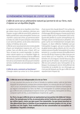 Le système climatique, qu’est-ce que c’est ?
Le phénomène physique de l’effet de serre
L’effet de serre est un phénomène naturel qui permet la vie sur Terre, mais
il repose sur un équilibre fragile.
Le système terrestre est en équilibre entre l’éner-
gie solaire reçue et les radiations réémises vers
l’espace. Lesgazà effetde serre (GES), présentsen
faiblequantitédansnotreatmosphère,formentune
« barrière » autour de laTerre, qui permetde retenir
lachaleurdusoleil.Onpeutcomparernotreplanète
à une serre de jardinier, où les vitres retiennent la
chaleur à l’intérieur de la serre.
L’effetde serre naturelpermetainsi à notre planète
d’avoir une température moyenne de +15°C à sa
surface. Sans cet effet de serre, il ferait -18°C sur
Terre, et toute vie y serait impossible. Ce phéno-
mène naturel repose sur un équilibre fragile du
fait des interactions complexes entre les différents
éléments du système climatique. De faibles varia-
tionsde la concentration desGESpeuvententraîner
de fortesmodificationsde la température moyenne
globale.
L’effet de serre, comment ça fonctionne ?
L’énergie solaire qui arrive sur la Terre provient
d’une source très chaude (6000°C à la surface du
soleil). Elle estcomposée de lumièrevisible (40%),
d’infrarouges(IR) de longueur d’onde proche de la
lumière visible (50%) et d’ultraviolets (UV) (10%).
Quand elle pénètre la couche atmosphérique (1),
l’énergie solaire connaît plusieurs péripéties. Une
partie (30%) est immédiatement renvoyée dans
l’espace, en étant réfléchie (l’albédo) soit par
l’atmosphère (nuages), soit par la surface même
du globe (océans, glaces, déserts, etc.) (2). Les70%
restantsviennentchaufferl’atmosphèreetlasurface
terrestre (3). La surface terrestre réchauffée émetà
son tour desIRversl’espace (4). Mais, émispar une
source tiède (15°C en moyenne), ces IR d’origine
terrestre ont une longueur d’onde beaucoup plus
grande que les IR solaires. Cela permet aux gaz à
effet de serre présents dans l’atmosphère de les
bloquer. Ils provoquent ainsi le réchauffement de
l’ensemble de la planète (5). Les infrarouges qui
n’ont pas été bloqués par les gaz à effet de serre
repartent dans l’espace (6).
L’effet de serre est indispensable à la vie sur Terre
La Lune, pourtant très proche de la Terre à l’échelle du système solaire, subit de très fortes
disparitésde températures, puisque danscertainesrégions, onymesure plusde 100°Cle jour et
-183°Cla nuit. Cestempératuresextrêmess’expliquentnotammentpar l’absence d’atmosphère,
qui régule la température sur Terre. Sur Mars, où l’atmosphère ne contient presque pas de
gaz à effet de serre, la température moyenne est de -55°C. À l’inverse, l’atmosphère deVénus,
composé à 96% de CO2, a une température moyenne de +458°C.
SurTerre, les gaz à effet de serre ne représentent qu’une portion très faible de l’atmos-
phère. Par exemple pour le CO2, la concentration est de l’ordre de 0,04% ou 400 parties
par million (ppm), contre 350 ppm avant l’ère industrielle. Ces gaz jouent pourtant un
rôle déterminant dans le maintien d’une température terrestre propice à la vie, et leur
équilibre est très fragile. Toute modification de leur concentration est susceptible de
déstabiliser l’équilibre climatique.
9
 