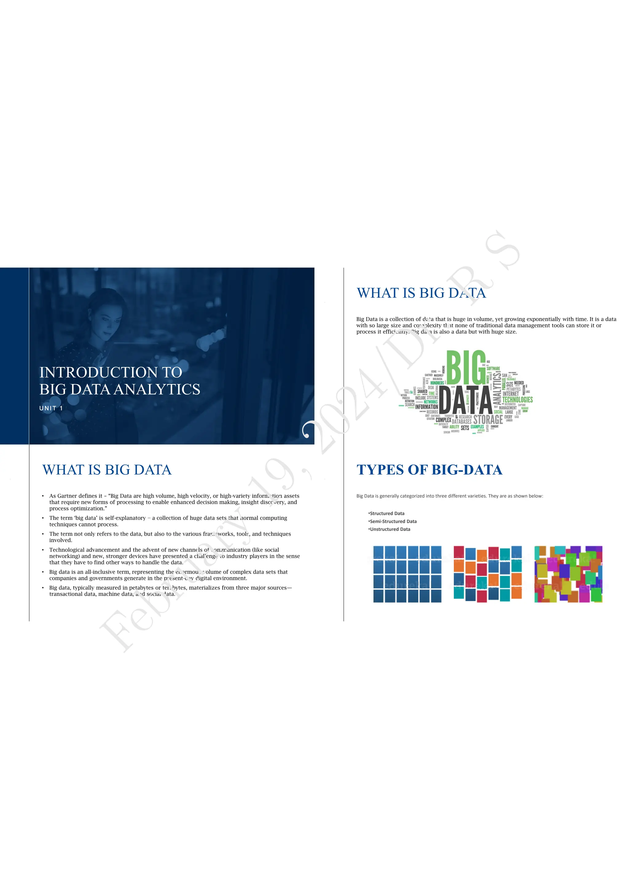 U N I T 1
INTRODUCTION TO
BIG DATAANALYTICS
WHAT IS BIG DATA
Big Data is a collection of data that is huge in volume, yet growing exponentially with time. It is a data
with so large size and complexity that none of traditional data management tools can store it or
process it efficiently. Big data is also a data but with huge size.
WHAT IS BIG DATA
• As Gartner defines it – “Big Data are high volume, high velocity, or high-variety information assets
that require new forms of processing to enable enhanced decision making, insight discovery, and
process optimization.”
• The term ‘big data’ is self-explanatory − a collection of huge data sets that normal computing
techniques cannot process.
• The term not only refers to the data, but also to the various frameworks, tools, and techniques
involved.
• Technological advancement and the advent of new channels of communication (like social
networking) and new, stronger devices have presented a challenge to industry players in the sense
that they have to find other ways to handle the data.
• Big data is an all-inclusive term, representing the enormous volume of complex data sets that
companies and governments generate in the present-day digital environment.
• Big data, typically measured in petabytes or terabytes, materializes from three major sources—
transactional data, machine data, and social data.
TYPES OF BIG-DATA
Big Data is generally categorized into three different varieties. They are as shown below:
•Structured Data
•Semi-Structured Data
•Unstructured Data
F
e
b
r
u
a
r
y
1
9
,
2
0
2
4
/
D
r
.
R
S
 